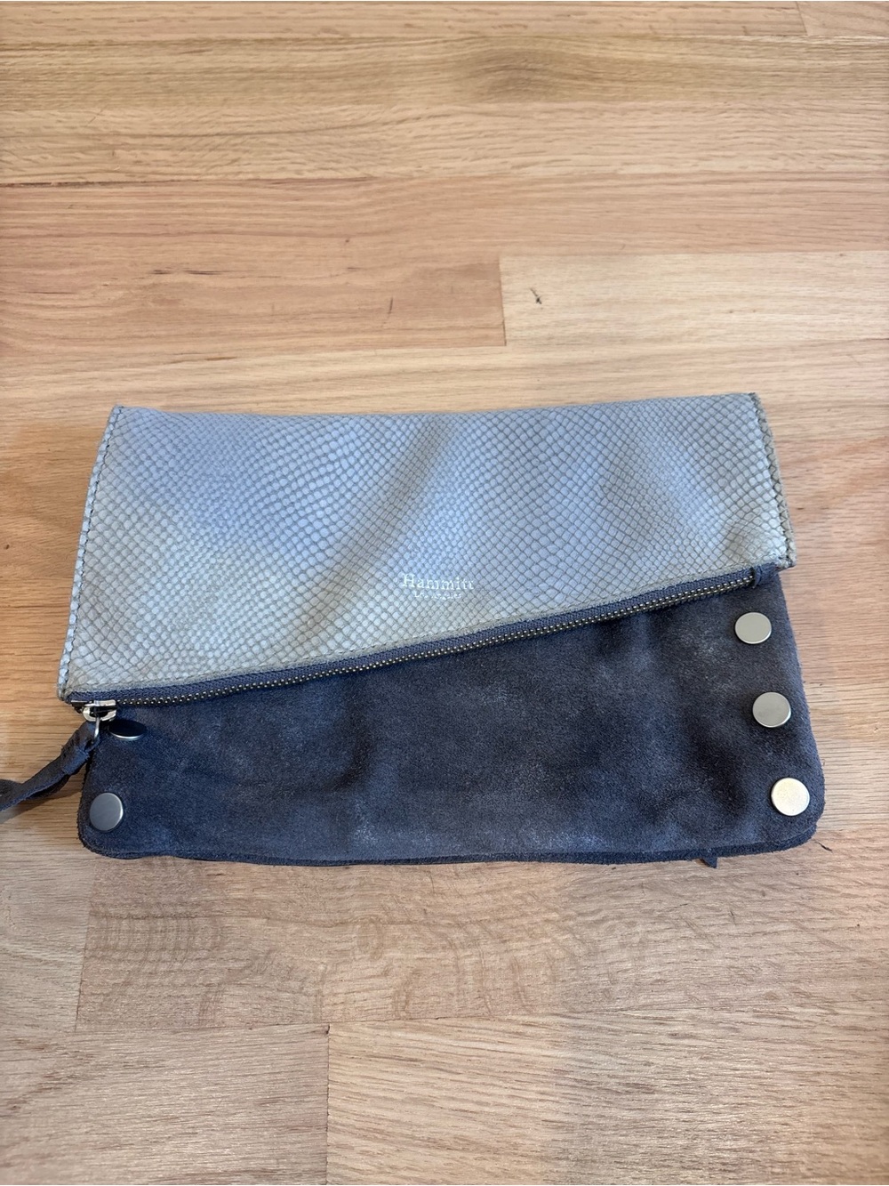 Hammitt Dillon crossbody & Clutch grey snakeskin-embossed leather flap & suede